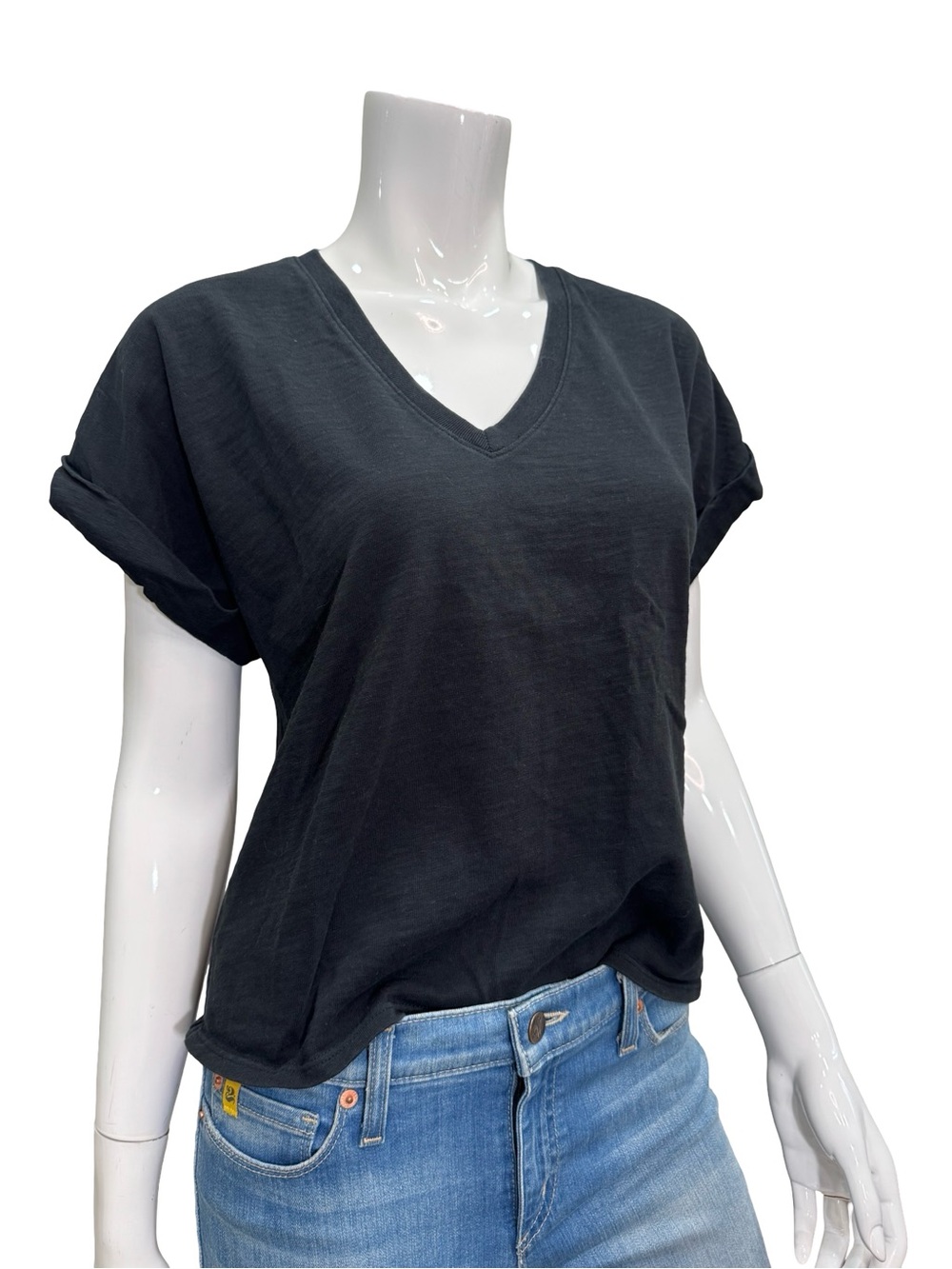 NATION LTD Black V-Neck Perfectly Undone Rolled Sleeve Cotton Tee Top Size S